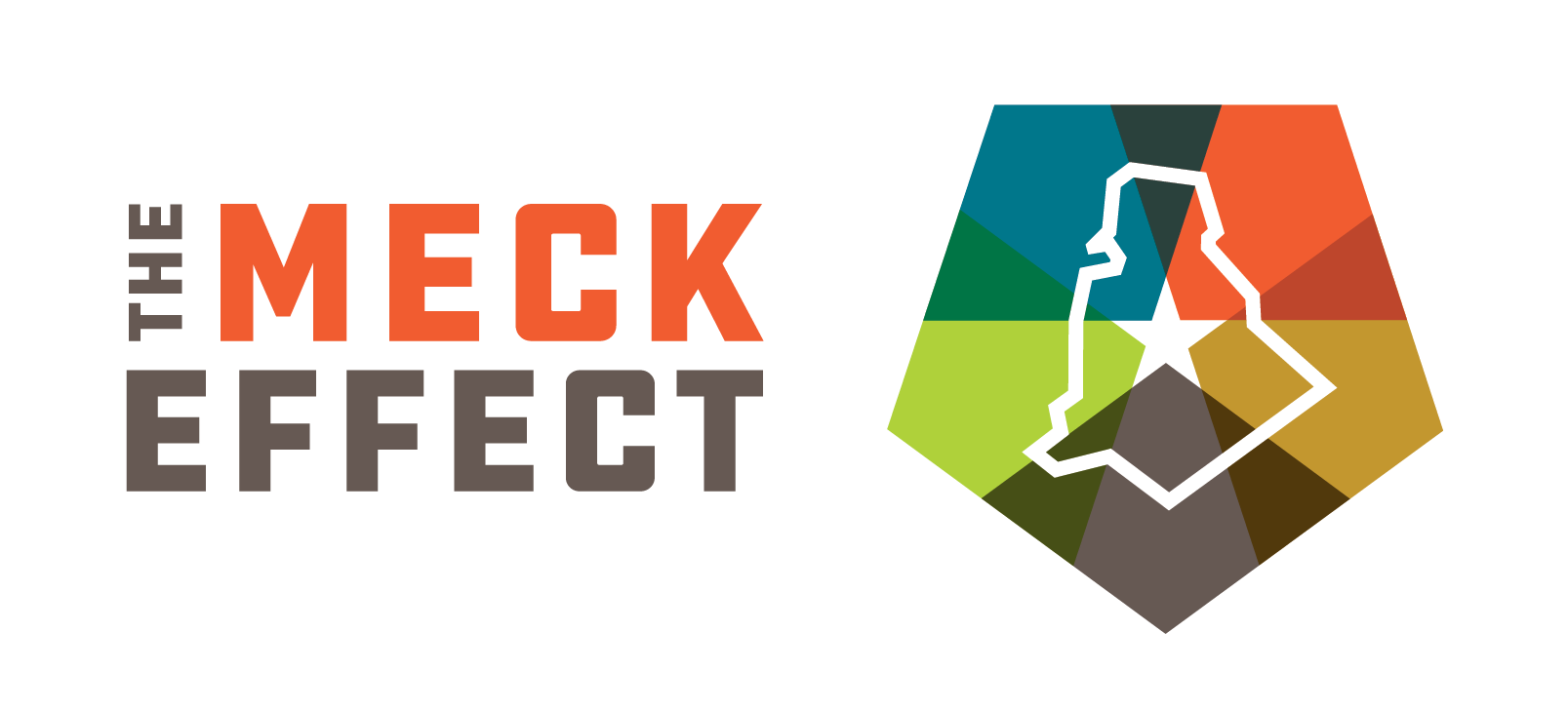 Logo featuring the words The Meck Effect on the left and an outline of Mecklenburg County with a star in the middle on the right.