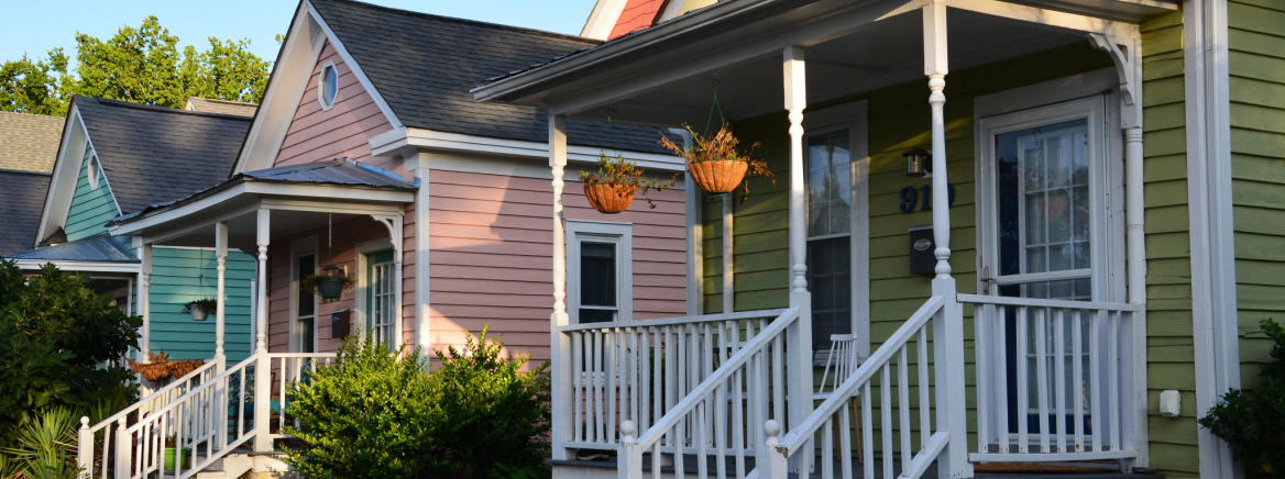 Colorful shotgun homes in North Carolina.