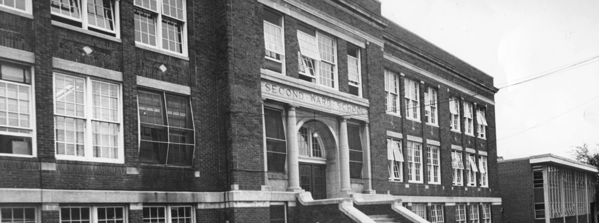 Second Ward High School Black and white photo of the facade of Second Ward High School