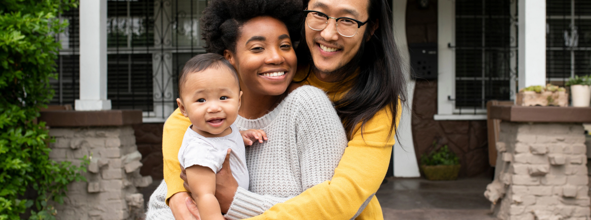 Multiethnic family standing at the porch during covid19 lockdown