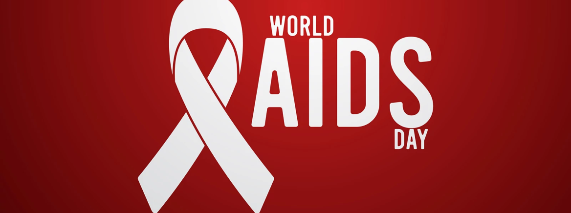 White ribbon with the words World AIDS Say on a red background