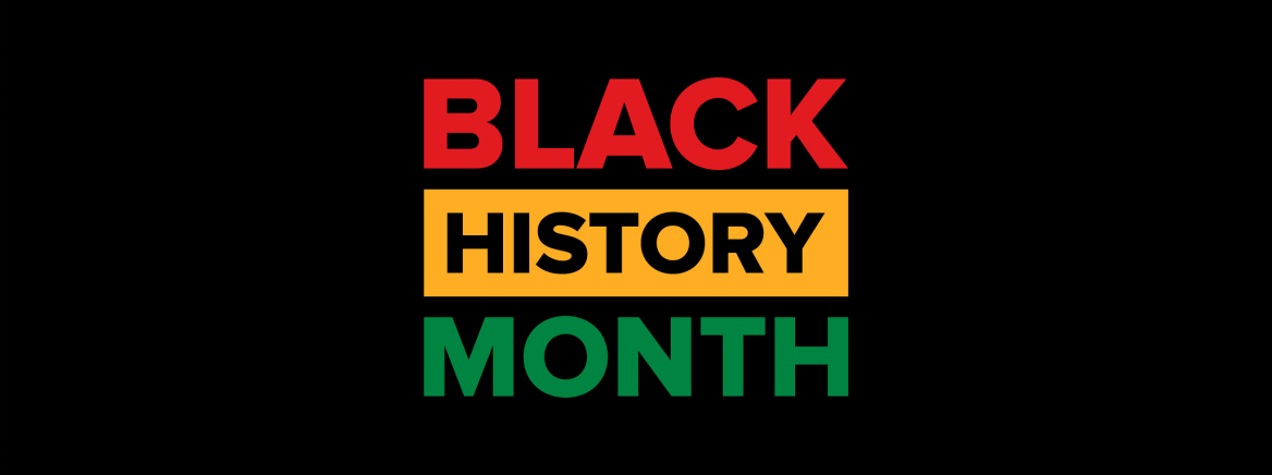 A black banner with a multicolored trim with the words Black History Month written in a vertical alignment in the center.