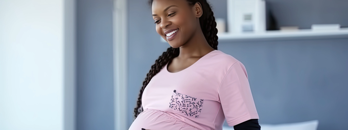 A smiling pregnant African American woman standing in front of a bed