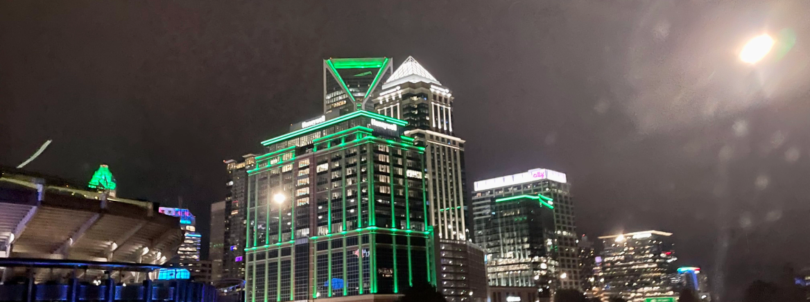 The Charlotte skyline lit up in green for Operation Green Light in support of Veterans Day.