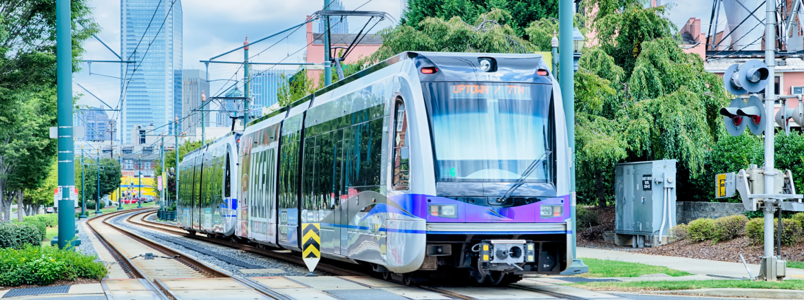 Charlotte Light Rail A Charlotte light rail traveling south with the Charlotte skyline in the background