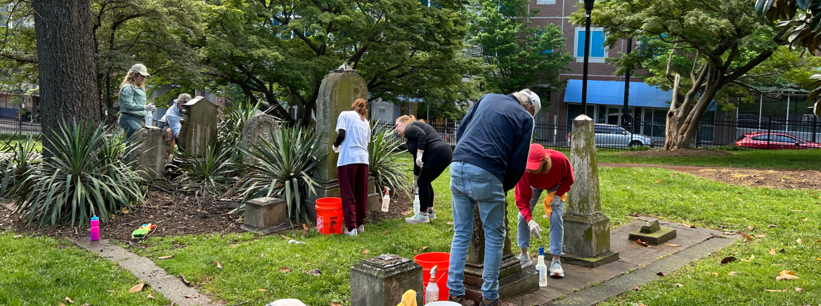 HLC Cemetery Clean Spring 2025 Volunteers clean headstones at Settlers' Cemetery.