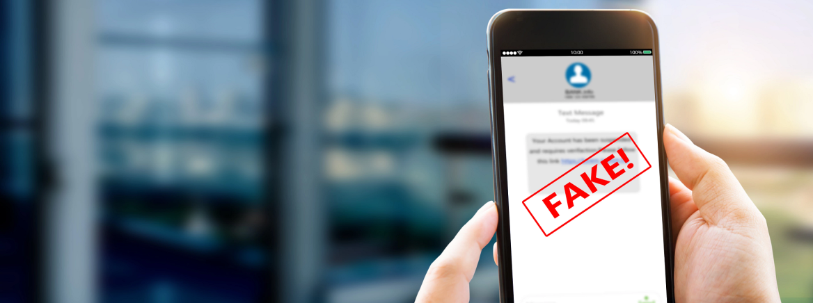 fake text message Fake Text message SMS scam or phishing concept. Man hands using smart phone