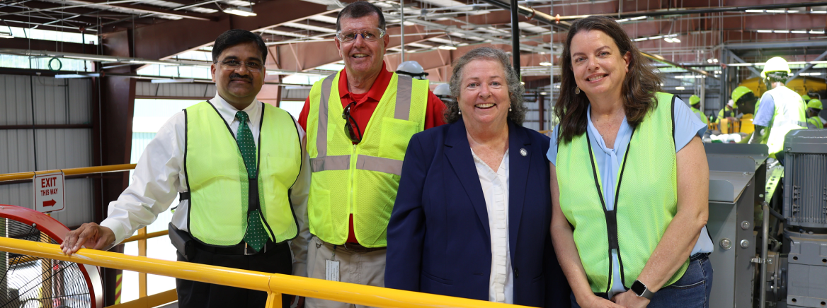 Pence Rd MRF Left to right: LUESA Director Ebenezer Gujjarlapudi, Solid Waste Director Jeff Smithberger, District 1 Commissioner Powell and District 6 Commissioner Rodriguez-McDowell inside the new Materials Recovery Facility on Pence Road during the June 17, 2025 grand opening.