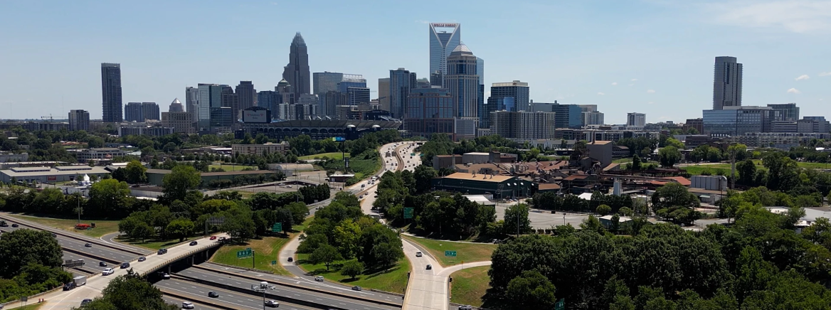 A skyline shot of uptown Charlotte taken on a sunny day (July 28, 2025).