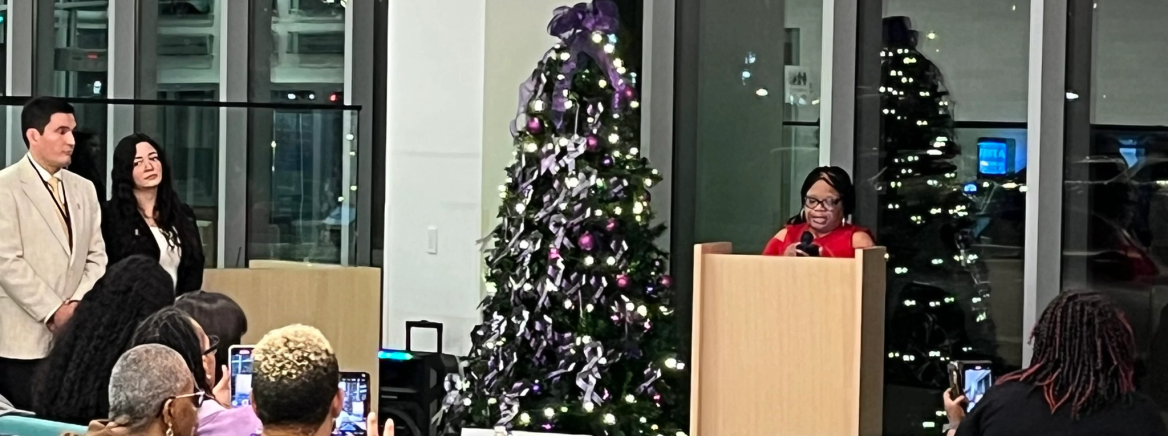 Victims, advocates, and family members attended the 20th annual lighting of the Domestic Violence Memorial Tree on Dec. 12, 2024 at the Ella B. Scarborough Community Resource Center. For each name, an attendee tied a ribbon to the tree. There was a total of 87 N.C. names; 13 from Mecklenburg County.