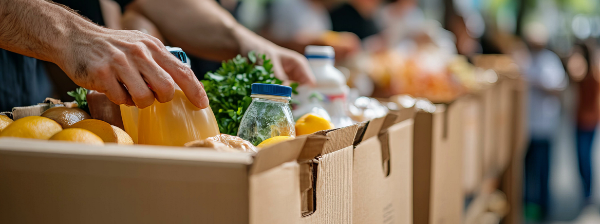 Volunteers distributing food and supplies to the needy at a charitable event on International Day of Charity