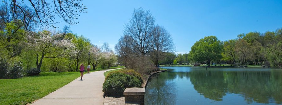Person running on path near the lake at Freedom Park