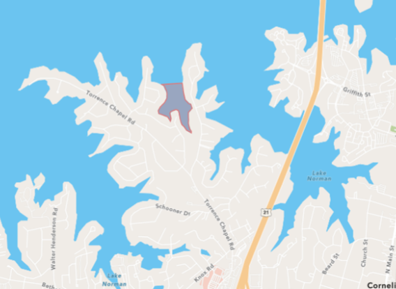 A map of Lake Norman showing the location of Harmful Algae Blooms. The area is outlined in red.