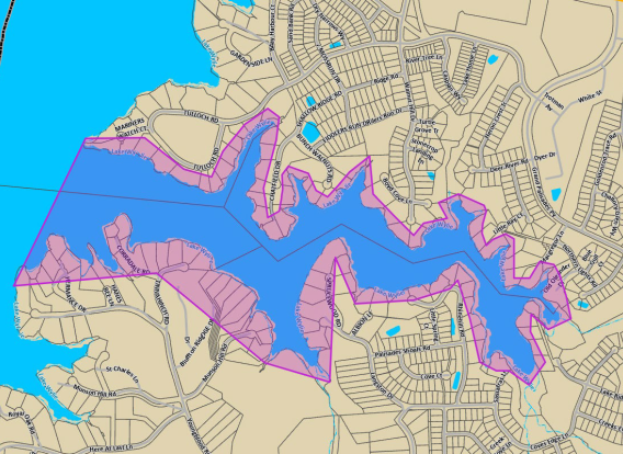 A map indicating a harmful algae bloom in a cove on Lake Wylie.