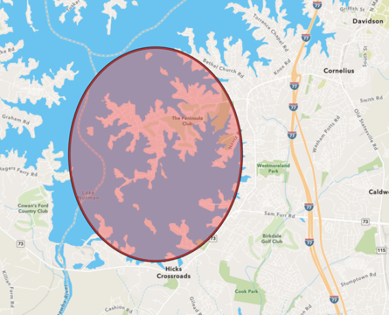A map showing the location of harmful algae blooms in Lower Portion of Lake Norman